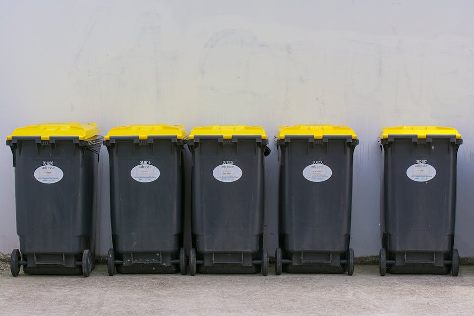 A row of five large wheeled rubbish bins made of black plastic with yellow lids, positioned on a concrete surface against a plain, light-colored wall. Each bin has a white oval label with small blue a